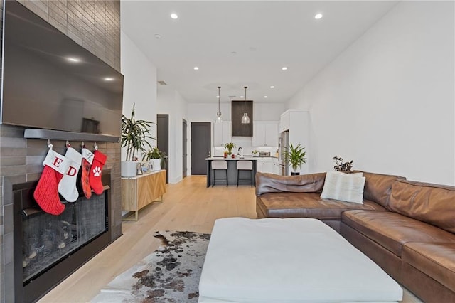 living room with a large fireplace and light hardwood / wood-style flooring