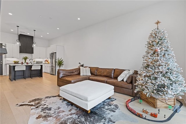 living room featuring light hardwood / wood-style flooring and sink