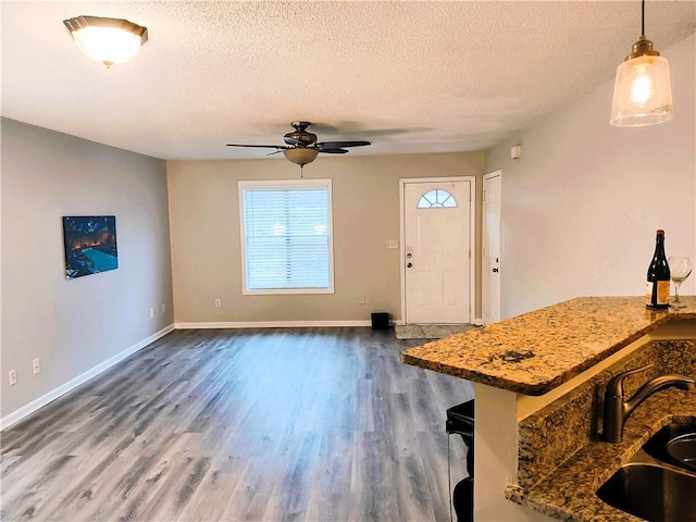 foyer featuring dark hardwood / wood-style flooring, ceiling fan, sink, and a textured ceiling