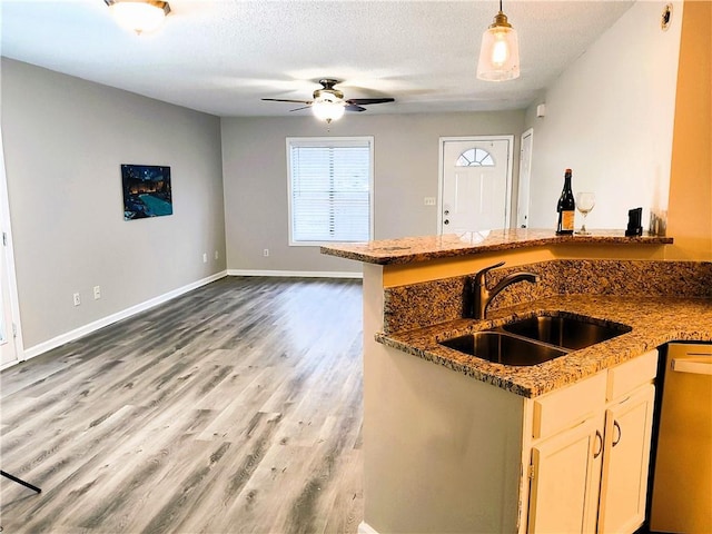 kitchen featuring ceiling fan, stainless steel dishwasher, kitchen peninsula, sink, and hanging light fixtures