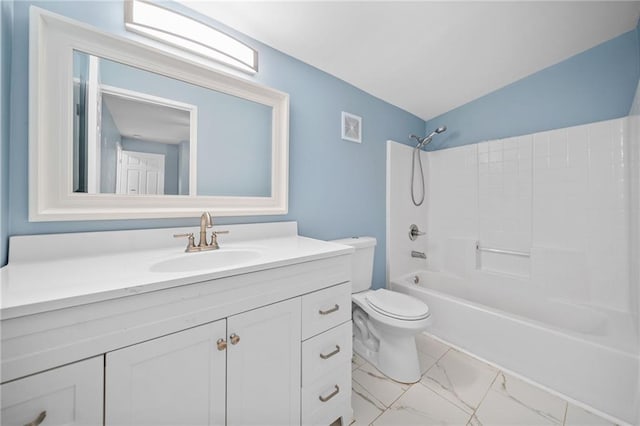 full bathroom with vanity, washtub / shower combination, and toilet