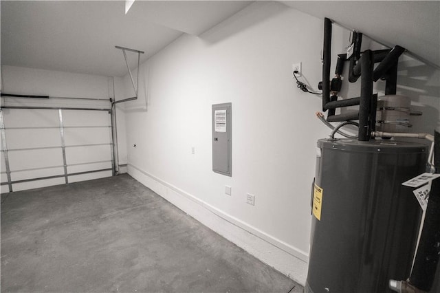 garage with electric panel and water heater