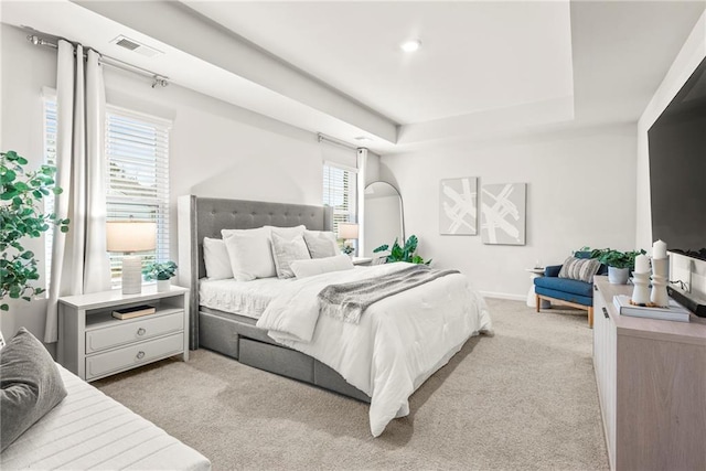 carpeted bedroom with a tray ceiling