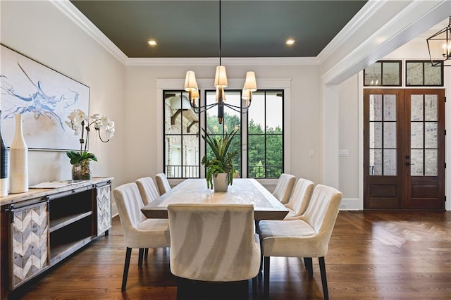 11 Brownson Ct, Acworth, GA 30101 - dining area with a chandelier, ornamental molding, baseboards, french doors, and recessed lighting