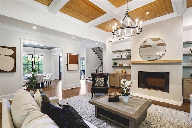 11 Brownson Ct, Acworth, GA 30101 - living area with a chandelier, ornamental molding, stairway, dark wood-style floors, and baseboards
