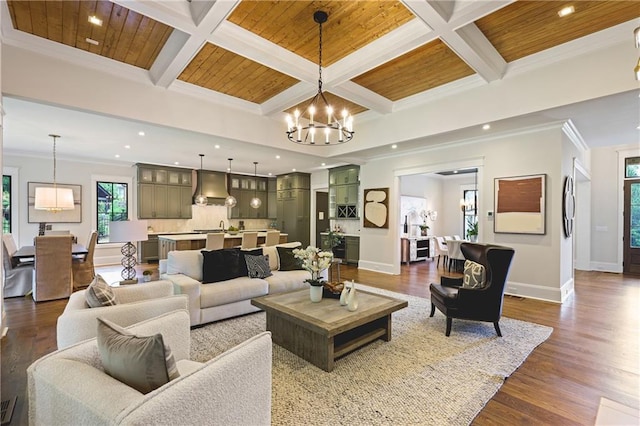 11 Brownson Ct, Acworth, GA 30101 - living room with coffered ceiling, a chandelier, recessed lighting, dark wood-style floors, and baseboards