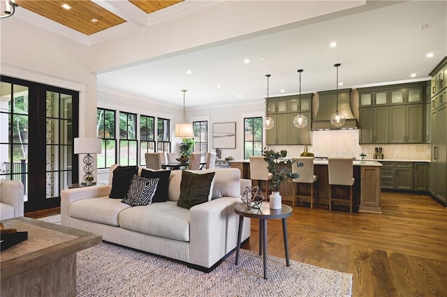11 Brownson Ct, Acworth, GA 30101 - living area featuring ornamental molding, recessed lighting, dark wood finished floors, and beam ceiling