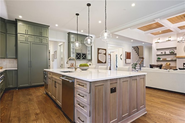 11 Brownson Ct, Acworth, GA 30101 - kitchen featuring dishwasher, green cabinets, dark wood-style flooring, a kitchen island with sink, and ornamental molding