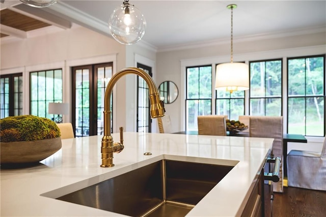 11 Brownson Ct, Acworth, GA 30101 - kitchen featuring a sink, decorative light fixtures, light countertops, dark wood finished floors, and ornamental molding