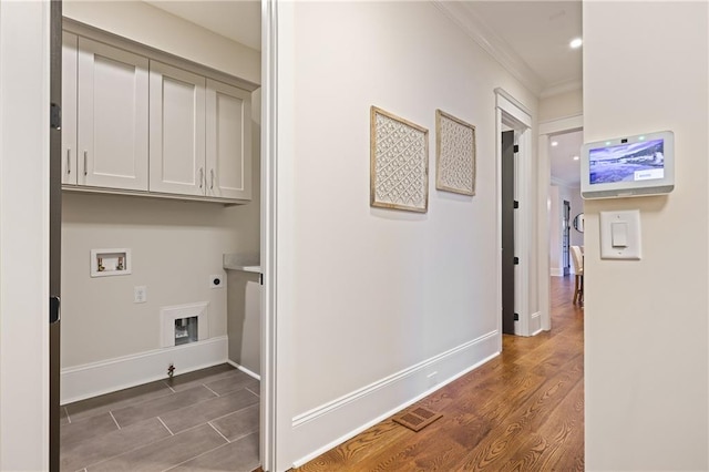 11 Brownson Ct, Acworth, GA 30101 - washroom with cabinet space, electric dryer hookup, hookup for a washing machine, ornamental molding, and baseboards