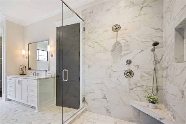 11 Brownson Ct, Acworth, GA 30101 - full bathroom with a marble finish shower, vanity, crown molding, and marble finish flooring