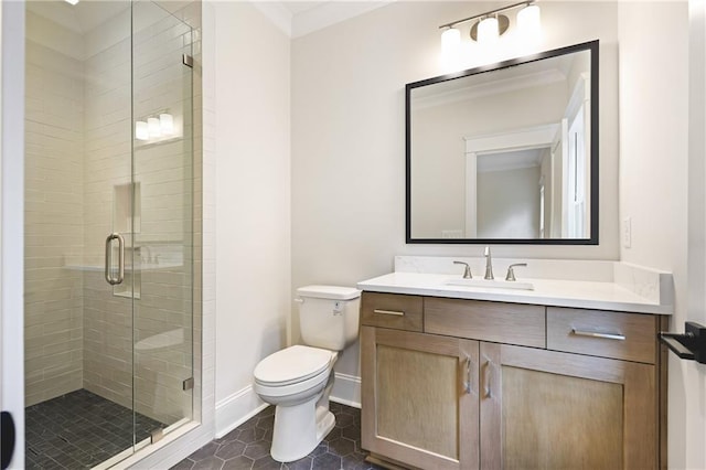 11 Brownson Ct, Acworth, GA 30101 - full bath featuring vanity, a shower stall, toilet, tile patterned floors, and ornamental molding