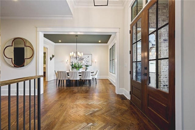 11 Brownson Ct, Acworth, GA 30101 - entrance foyer with french doors, ornamental molding, baseboards, and a chandelier