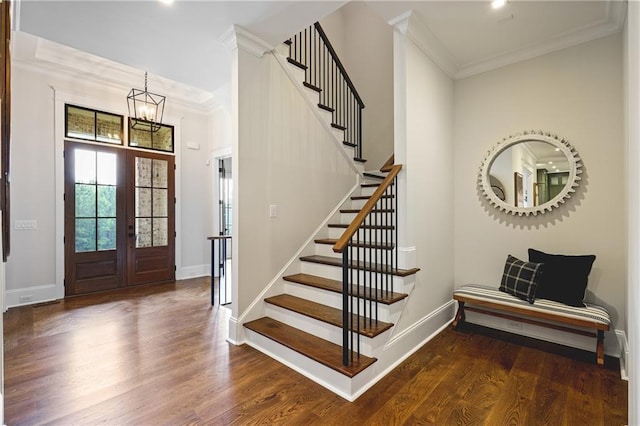 11 Brownson Ct, Acworth, GA 30101 - foyer entrance featuring stairway, wood finished floors, crown molding, a chandelier, and baseboards