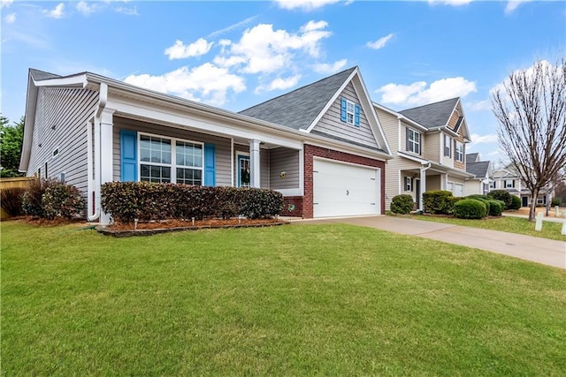 view of front of property with a garage, a front yard, brick siding, and driveway