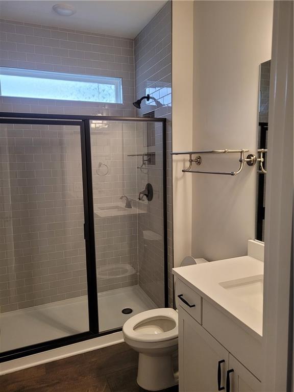 bathroom featuring vanity, toilet, and a shower with door