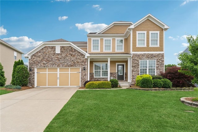 506 Spring View Dr, Woodstock, GA 30188 - craftsman inspired home with stone siding, a front lawn, an attached garage, concrete driveway, and a porch