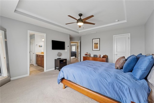 506 Spring View Dr, Woodstock, GA 30188 - bedroom featuring a raised ceiling, light colored carpet, ensuite bath, and a ceiling fan