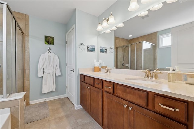 506 Spring View Dr, Woodstock, GA 30188 - bathroom featuring a shower stall, double vanity, a garden tub, and tile patterned flooring