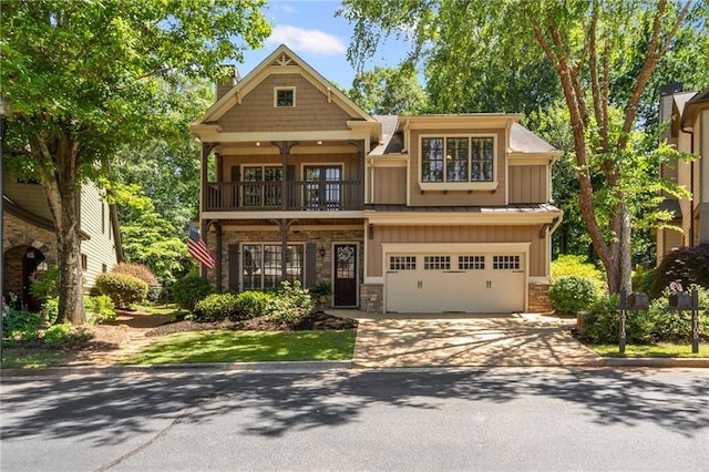 12112 Walnut Ter, Alpharetta, GA 30004 - craftsman house with a balcony, board and batten siding, concrete driveway, an attached garage, and stone siding