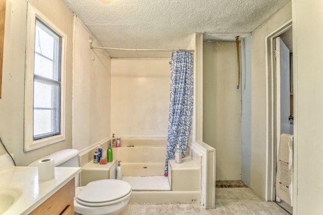 bathroom featuring vanity, a shower with shower curtain, a bath, and a textured ceiling