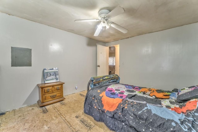 bedroom with electric panel and ceiling fan