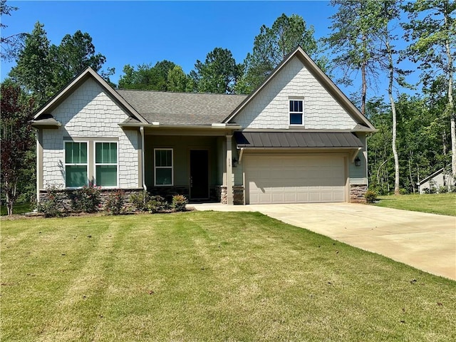 619 Linger Longer Dr, Ellijay, GA 30540 - craftsman house with concrete driveway, a front yard, an attached garage, a standing seam roof, and a shingled roof