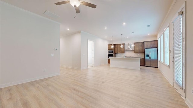 619 Linger Longer Dr, Ellijay, GA 30540 - unfurnished living room with light wood-style floors, crown molding, a ceiling fan, and recessed lighting