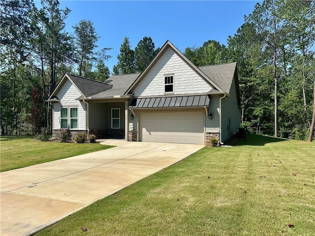 619 Linger Longer Dr, Ellijay, GA 30540 - view of front of house with driveway, stone siding, a front lawn, a garage, and a standing seam roof