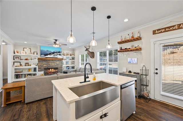 kitchen featuring hanging light fixtures, stainless steel dishwasher, dark wood-style flooring, and a sink