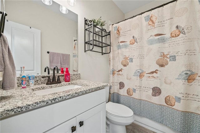 bathroom featuring a shower with curtain, vanity, and toilet