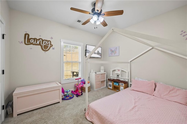 bedroom featuring carpet, visible vents, and a ceiling fan