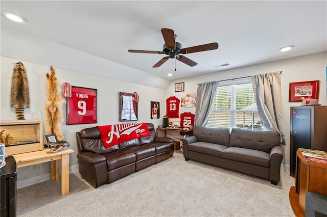 carpeted living room with recessed lighting, visible vents, a ceiling fan, vaulted ceiling, and baseboards