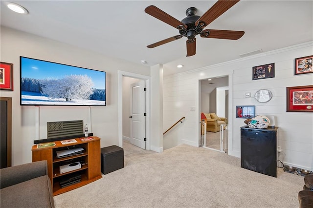 interior space featuring visible vents, carpet, an upstairs landing, and recessed lighting