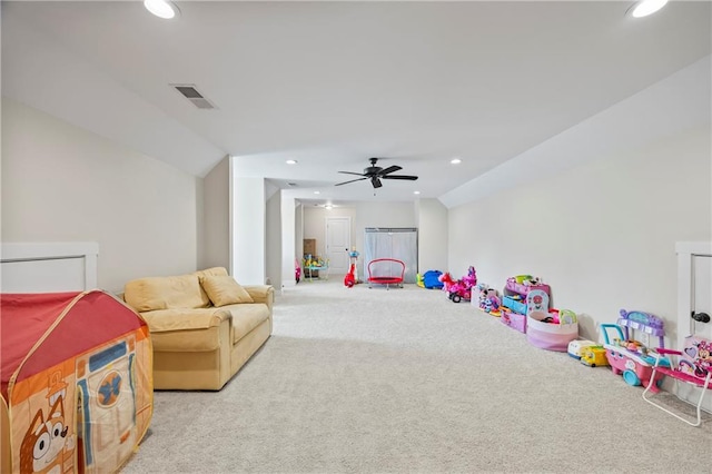 game room with vaulted ceiling, carpet flooring, visible vents, and recessed lighting