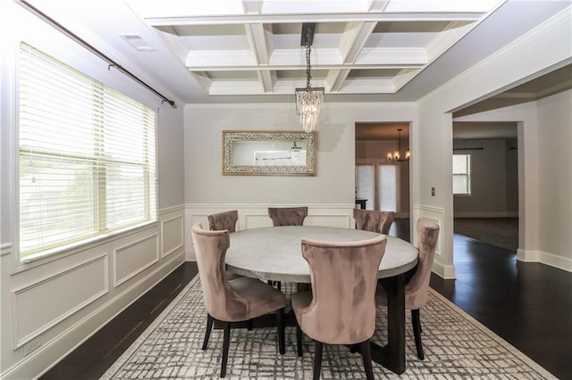 626 Discovery Ct, Acworth, GA 30102 - dining area with an inviting chandelier, crown molding, coffered ceiling, and dark wood finished floors