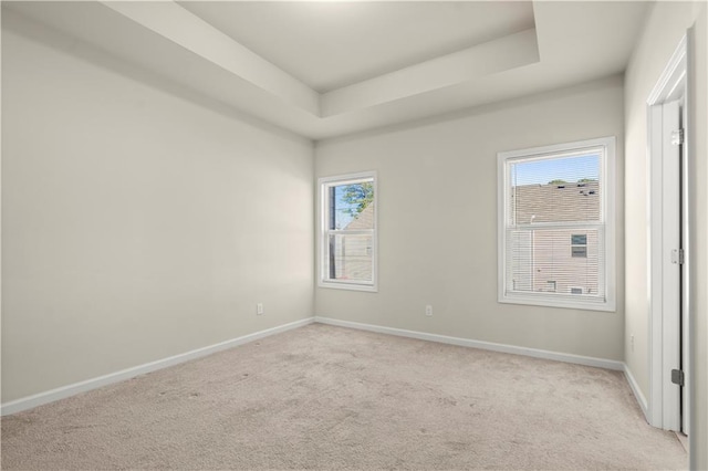 carpeted empty room with a raised ceiling