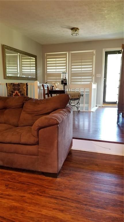 living room featuring hardwood / wood-style floors and a textured ceiling