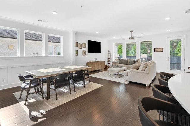 209 Floral Valley Dr, Woodstock, GA 30188 - dining area featuring recessed lighting, ceiling fan, and dark wood-style floors