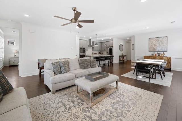 209 Floral Valley Dr, Woodstock, GA 30188 - living room featuring a ceiling fan, dark wood-type flooring, recessed lighting, and baseboards