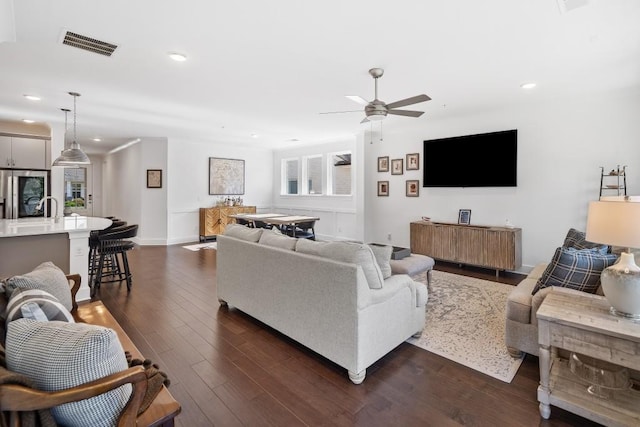 209 Floral Valley Dr, Woodstock, GA 30188 - living room with a ceiling fan, recessed lighting, dark wood finished floors, plenty of natural light, and baseboards