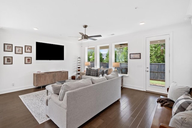 209 Floral Valley Dr, Woodstock, GA 30188 - living room featuring ceiling fan, baseboards, dark wood-style flooring, and recessed lighting