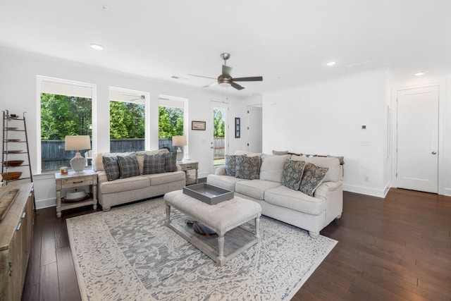 209 Floral Valley Dr, Woodstock, GA 30188 - living area featuring plenty of natural light, dark wood-style flooring, a ceiling fan, recessed lighting, and baseboards