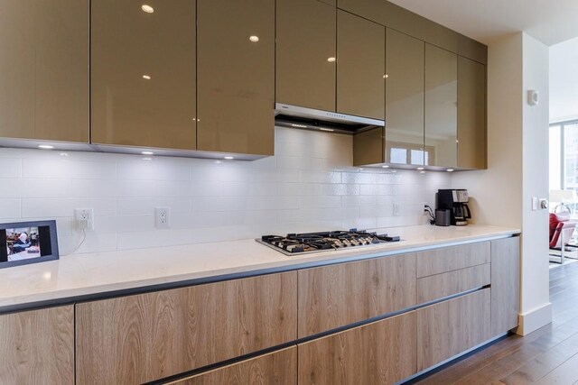 kitchen with dark hardwood / wood-style flooring, tasteful backsplash, and stainless steel gas stovetop