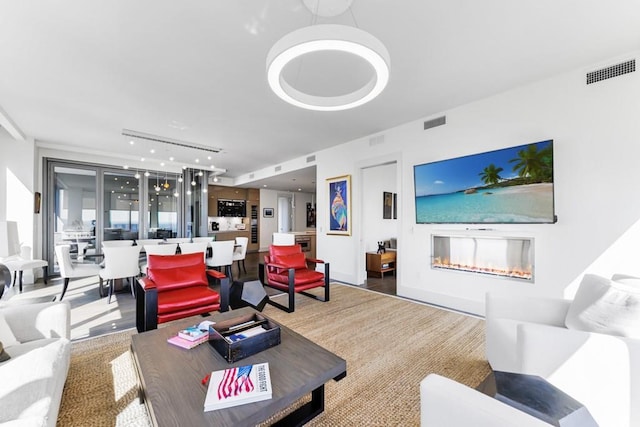 living room featuring track lighting