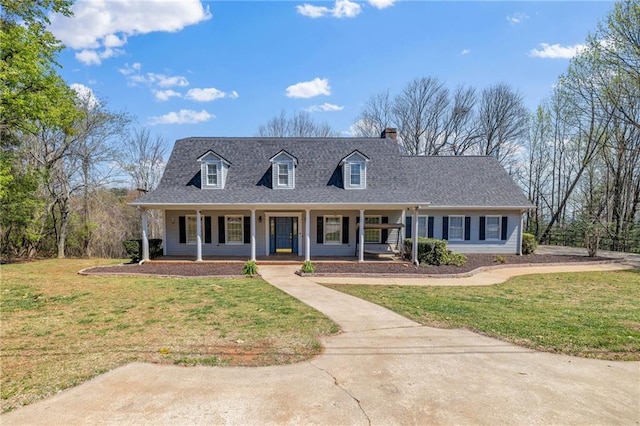 294 Hillcrest Hts, Cornelia, GA 30531 - cape cod house featuring a chimney, a front lawn, a porch, and roof with shingles