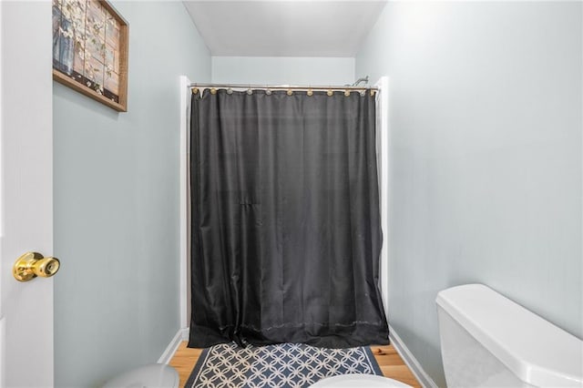 294 Hillcrest Hts, Cornelia, GA 30531 - bathroom featuring toilet, wood finished floors, curtained shower, and baseboards