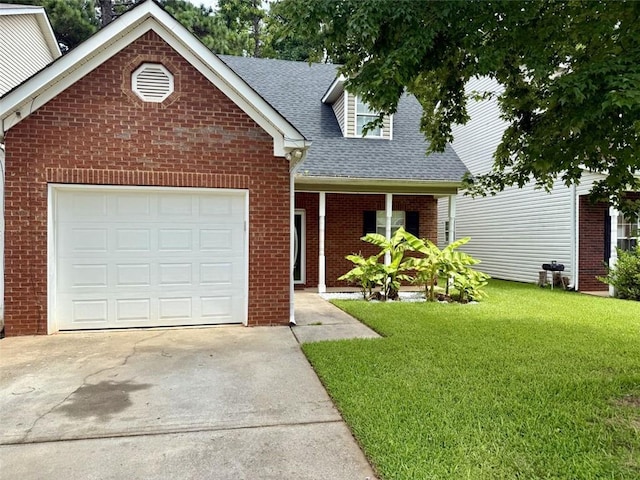 623 Shadowmoore Dr, Riverdale, GA 30274 - view of front facade featuring a shingled roof, concrete driveway, brick siding, a front lawn, and an attached garage