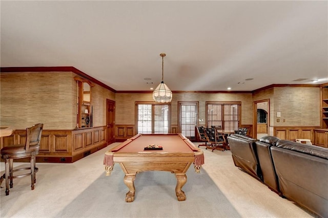 rec room with light carpet, crown molding, and pool table