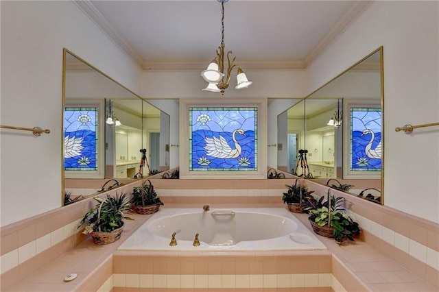 bathroom featuring a relaxing tiled tub, a chandelier, and ornamental molding